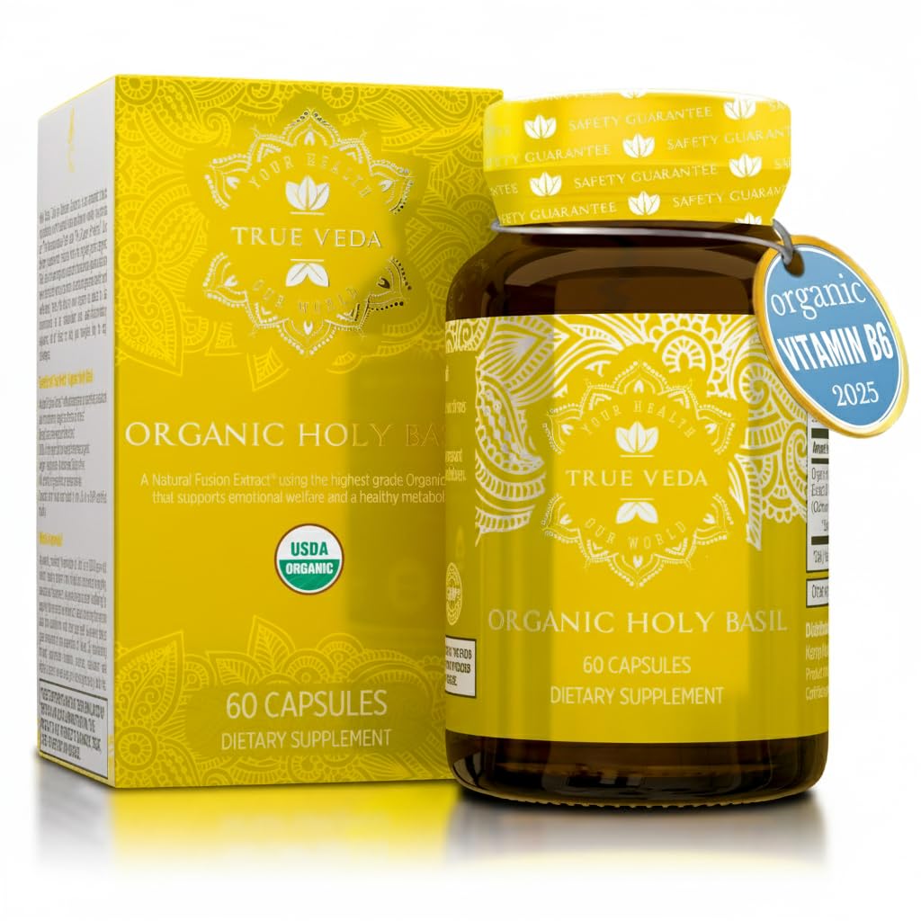 Holy Basil Capsules - USDA Organic Vitamin B6 | High Strength Tulsi 15:1 Extract | 60 Vegan Pills
