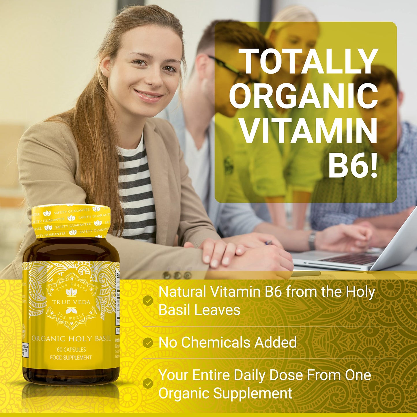 Holy Basil Capsules - USDA Organic Vitamin B6 | High Strength Tulsi 15:1 Extract | 60 Vegan Pills