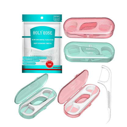 Holy Rose Dental Floss Picks – 4 Box Portable Case, 140 Count (Green Pink)