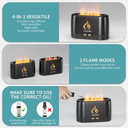 HOMDIS Essential Oil Diffusers & 6 Essential Oils Set | Quiet Flame Diffuser, 7 Color Modes, Auto Shut-Off, Black