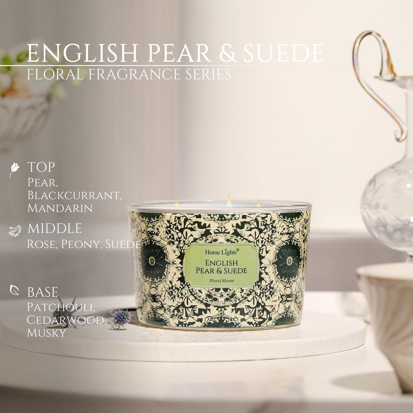 HomeLights 18oz Soy Wax Candle – 4-Wick English Pear & Suede Aromatherapy Gift