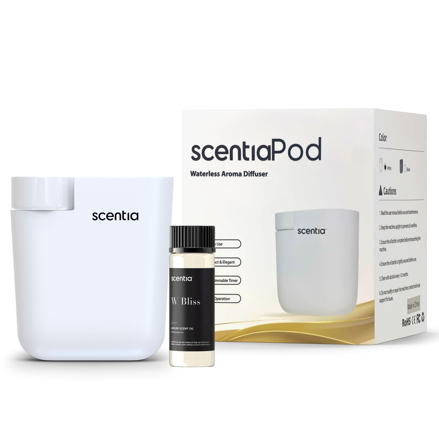 Home Scent Diffuser Starter Kit – Plug-In Waterless Diffuser for Essential Oils (500 sq ft) – White