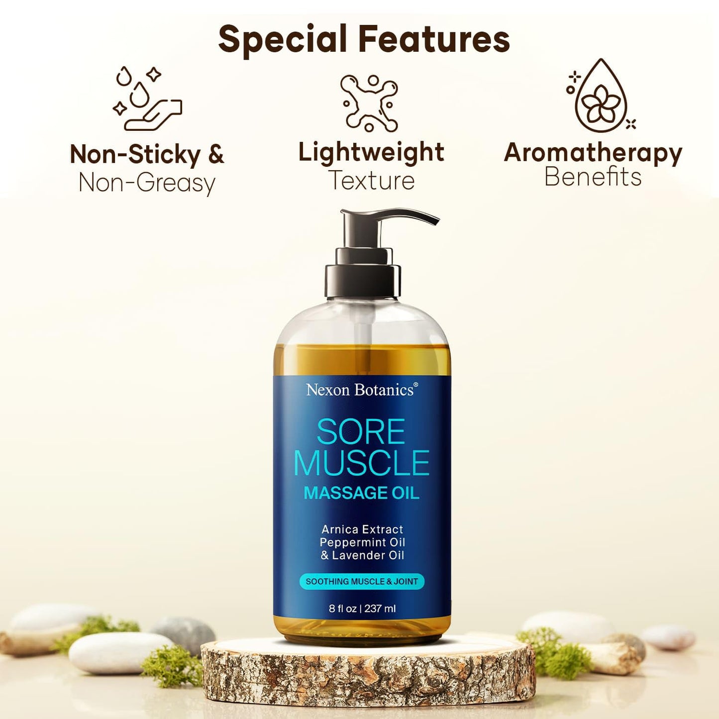Sore Muscle Massage Oil – 8 oz with Arnica, Peppermint & Lavender | Nexon Botanics