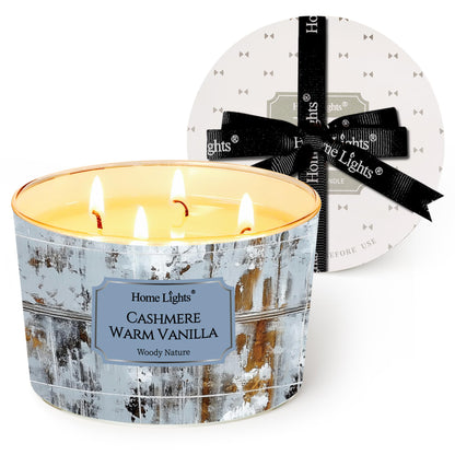 HomeLights Scented Candles – 18oz 4-Wick Aromatherapy Candle, Cashmere Warm Vanilla, Industrial Chic Decor & Gift
