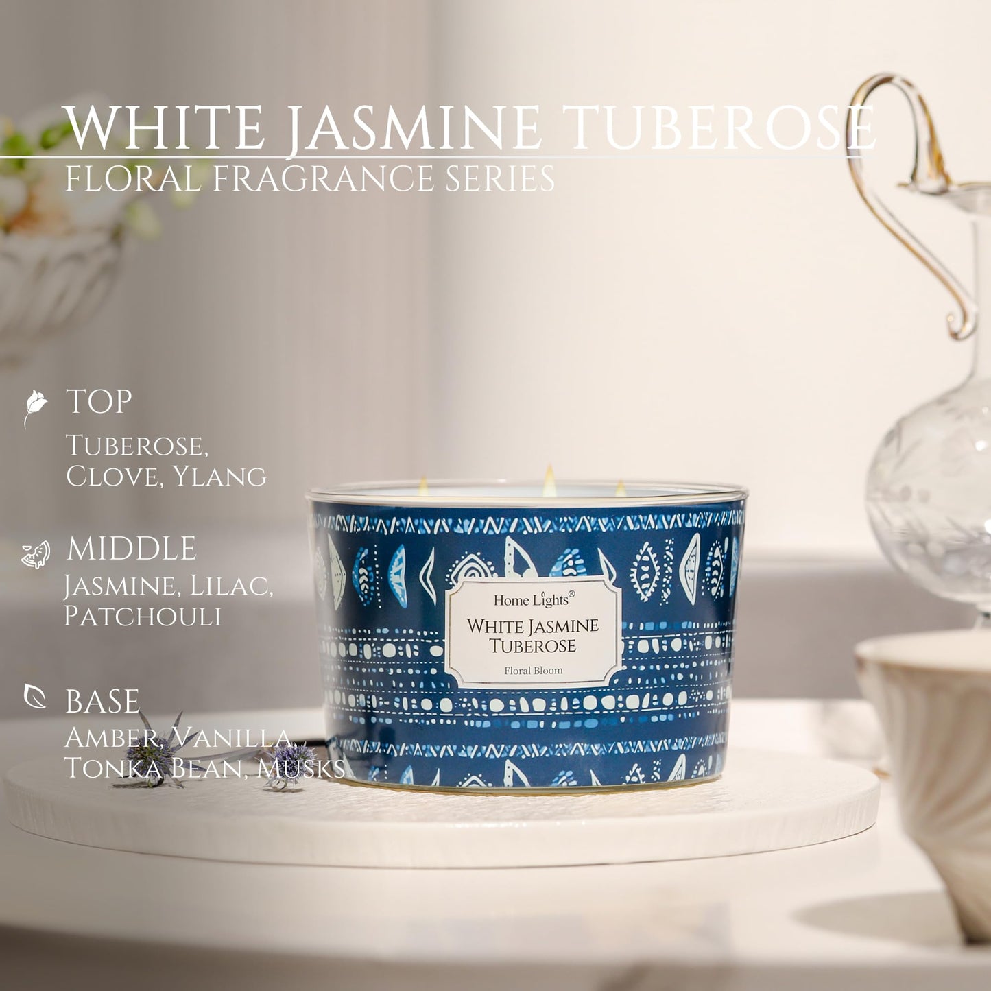 HomeLights 18oz Scented Candle | 4-Wick Aromatherapy Jar – White Jasmine Tuberose, Bohemian Home Decor & Gift