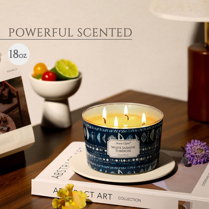 HomeLights 18oz Scented Candle | 4-Wick Aromatherapy Jar – White Jasmine Tuberose, Bohemian Home Decor & Gift