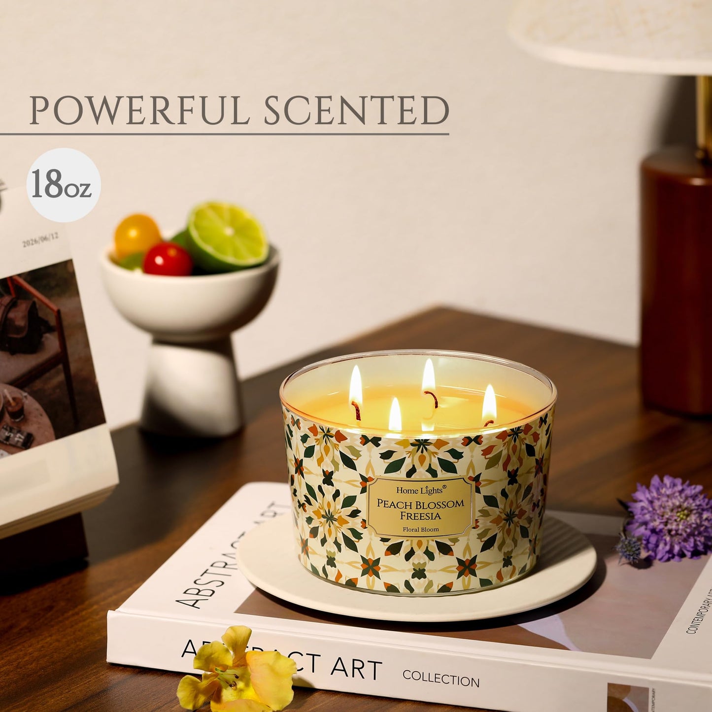 HomeLights 18oz Peach Blossom Freesia Soy Wax Candle | 4-Wick Aromatherapy