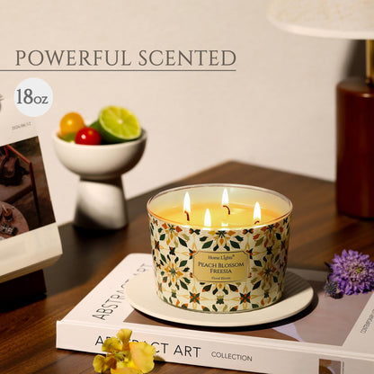 HomeLights 18oz Peach Blossom Freesia Soy Wax Candle | 4-Wick Aromatherapy