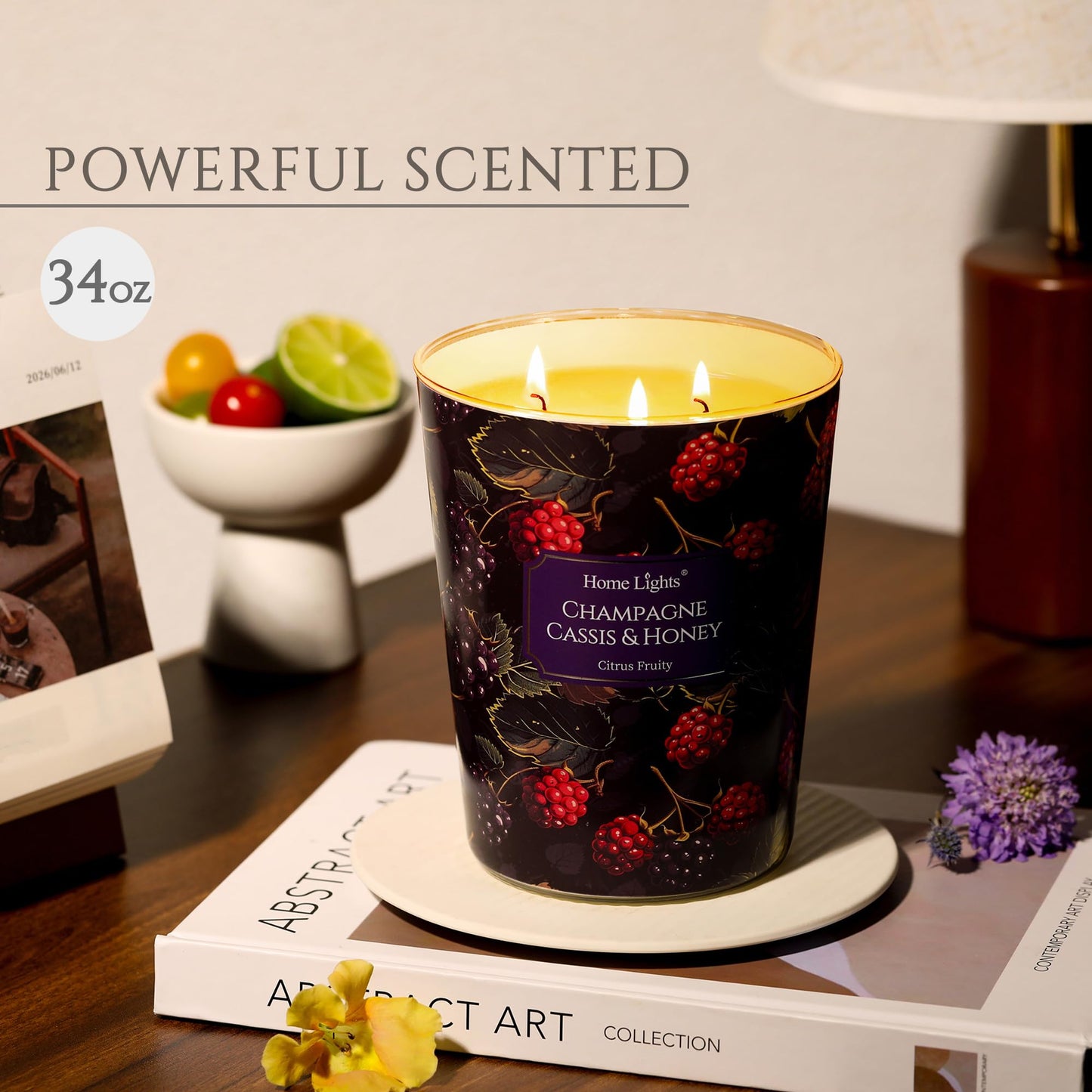 HomeLights 34oz Scented Candle – 3-Wick Champagne Cassis & Honey | Eco Soy Wax