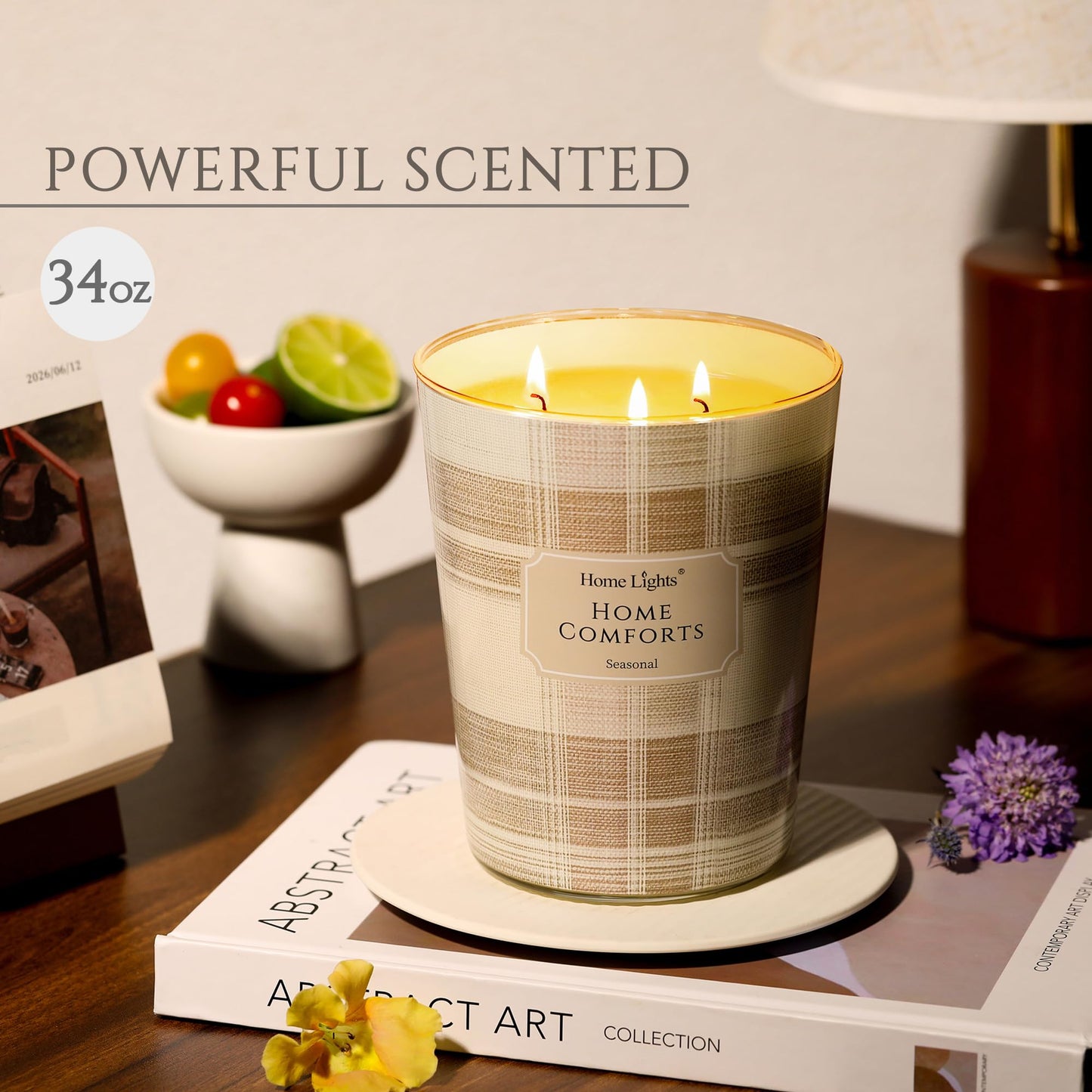 HomeLights Home Comforts Scented Candles – 34oz Soy, 3-Wick Large Jar (Rustic Modern Gift)