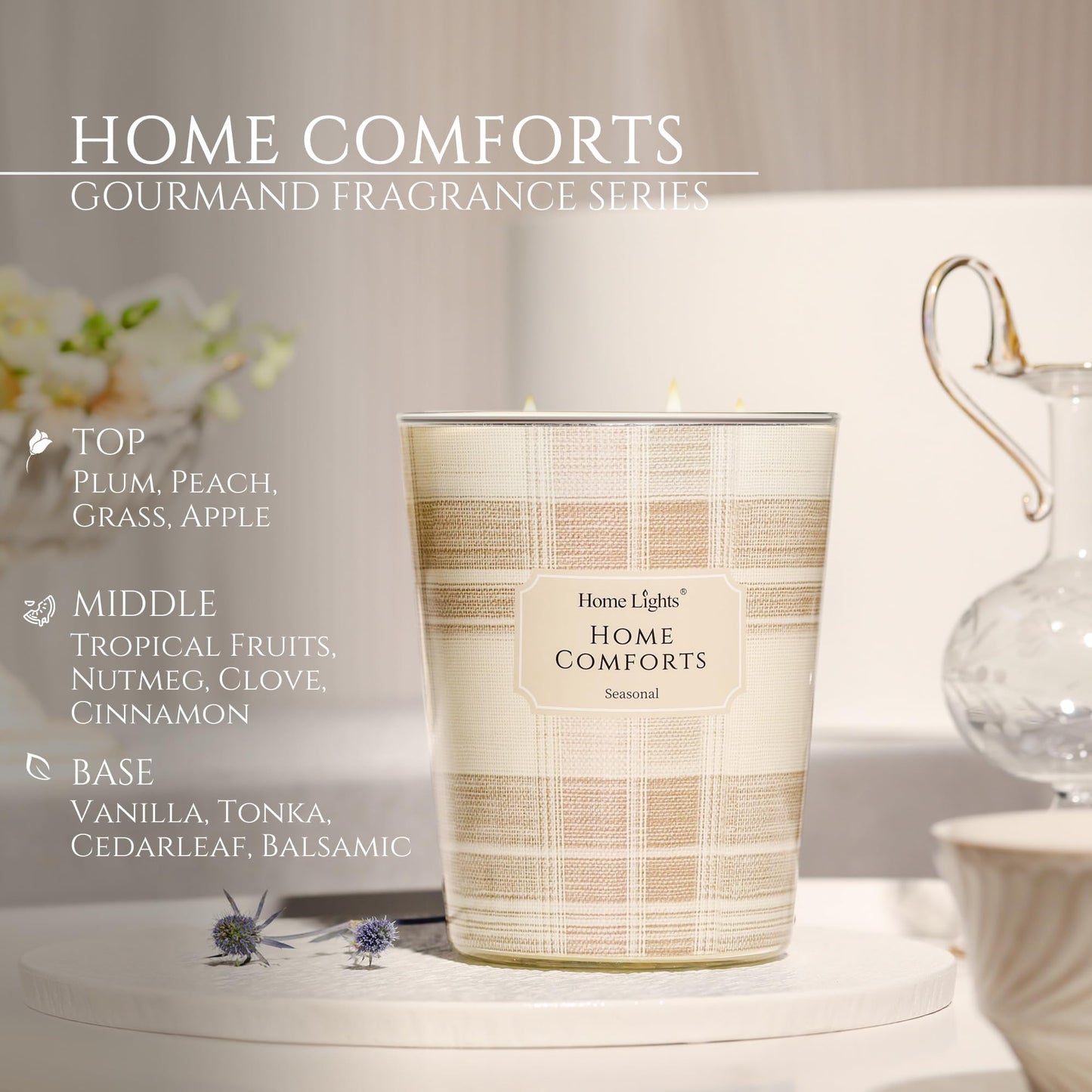 HomeLights Home Comforts Scented Candles – 34oz Soy, 3-Wick Large Jar (Rustic Modern Gift)