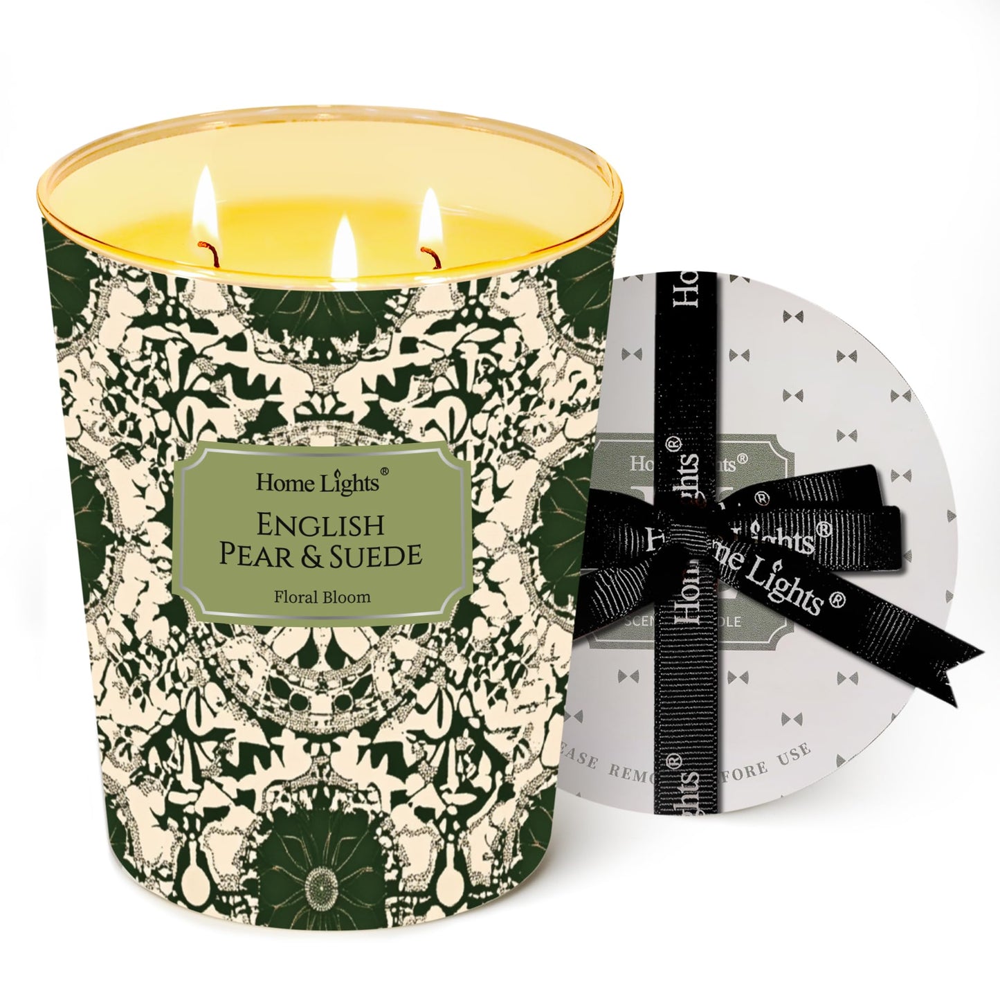 HomeLights 34oz Soy Wax Candles – 3-Wick English Pear & Suede, Aromatherapy Gift