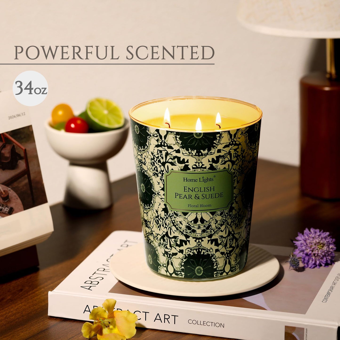 HomeLights 34oz Soy Wax Candles – 3-Wick English Pear & Suede, Aromatherapy Gift