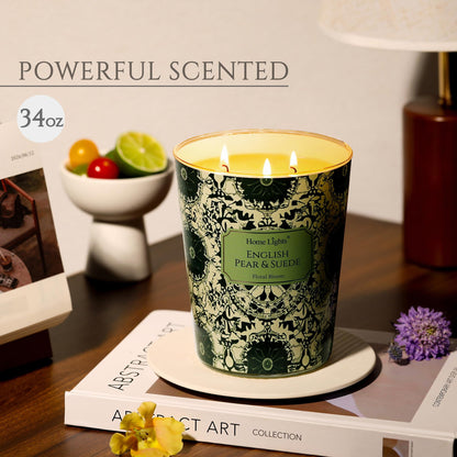 HomeLights 34oz Soy Wax Candles – 3-Wick English Pear & Suede, Aromatherapy Gift