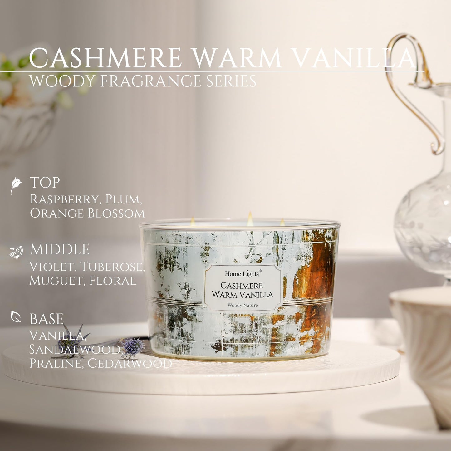 HomeLights Scented Candles – 18oz 4-Wick Aromatherapy Candle, Cashmere Warm Vanilla, Industrial Chic Decor & Gift