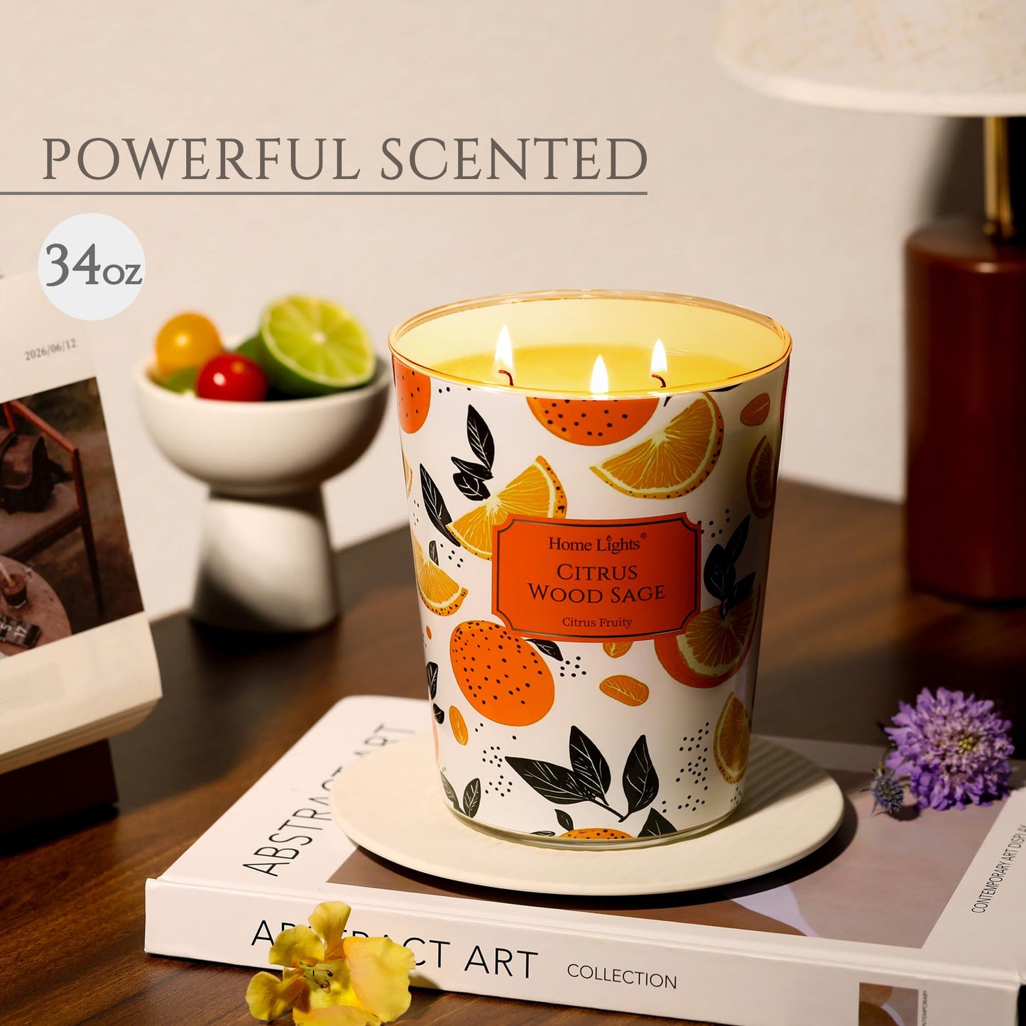 HomeLights Citrus Wood Sage 34oz Soy Candle - 3-Wick Large Jar | Relaxation & Gift