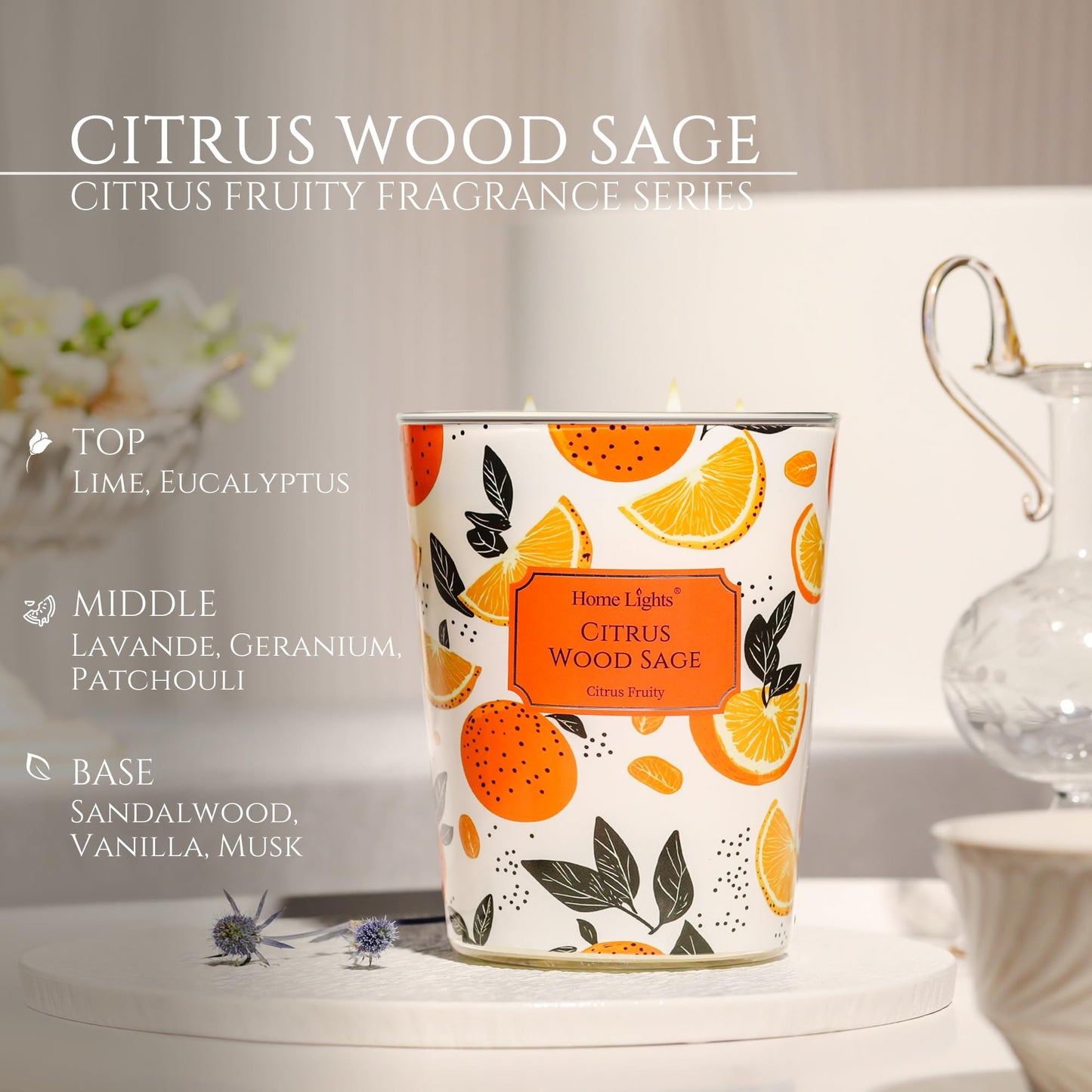 HomeLights Citrus Wood Sage 34oz Soy Candle - 3-Wick Large Jar | Relaxation & Gift