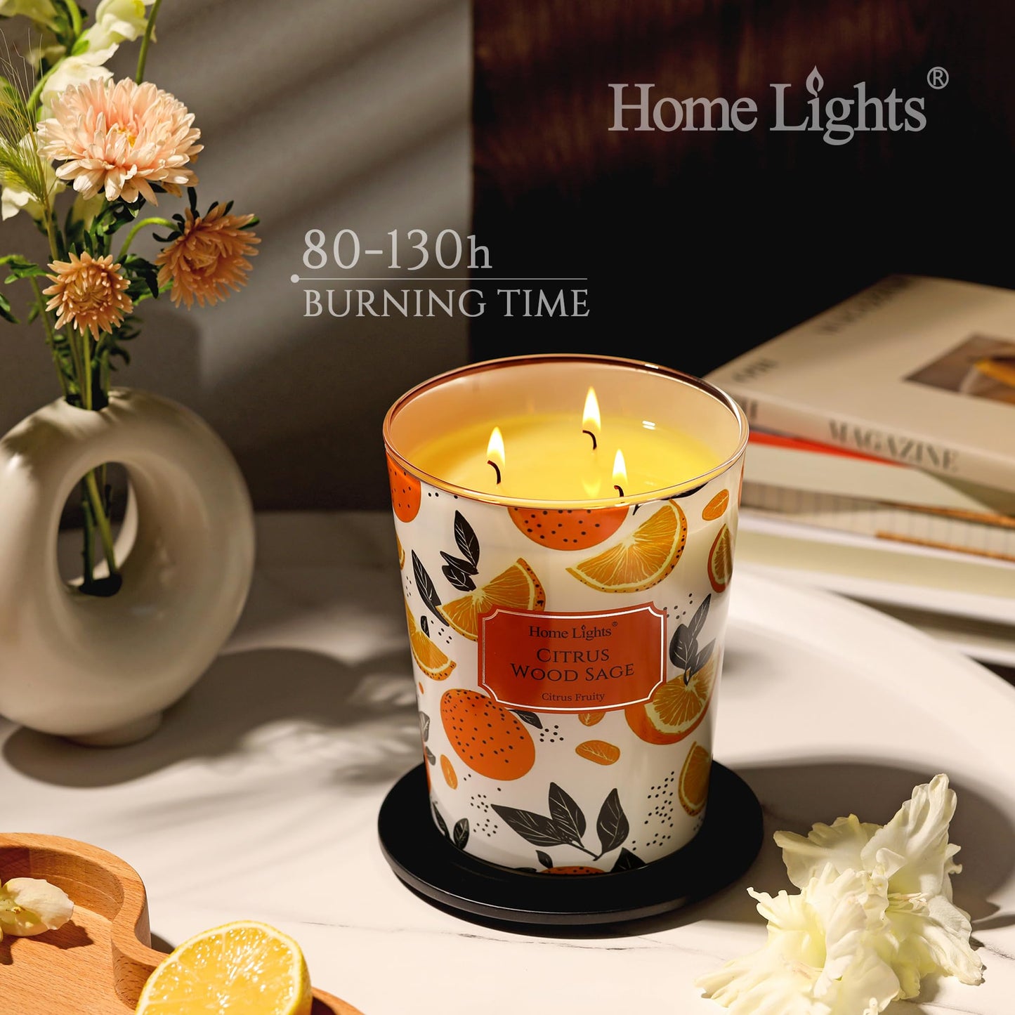 HomeLights Citrus Wood Sage 34oz Soy Candle - 3-Wick Large Jar | Relaxation & Gift