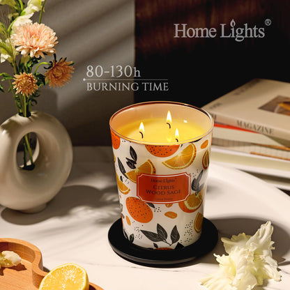 HomeLights Citrus Wood Sage 34oz Soy Candle - 3-Wick Large Jar | Relaxation & Gift