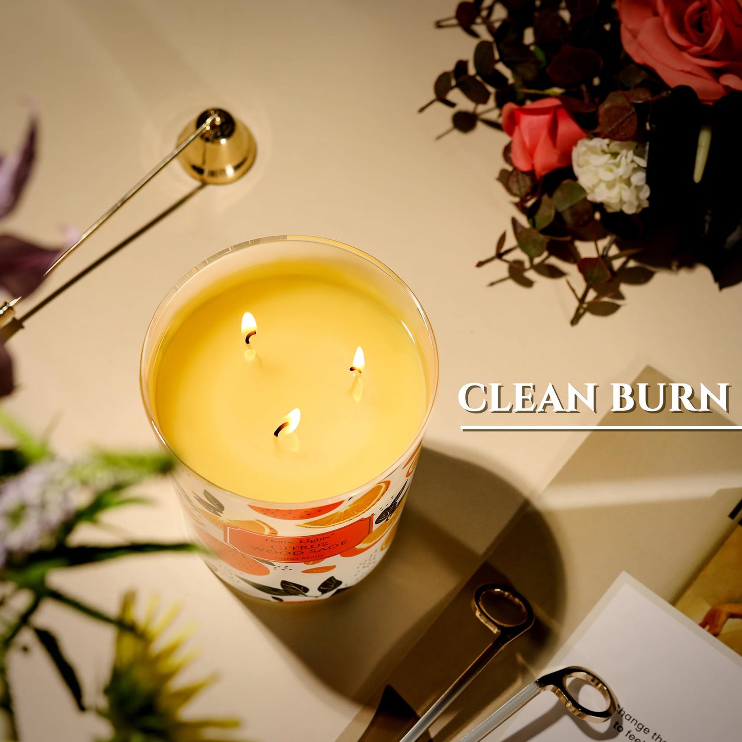 HomeLights Citrus Wood Sage 34oz Soy Candle - 3-Wick Large Jar | Relaxation & Gift