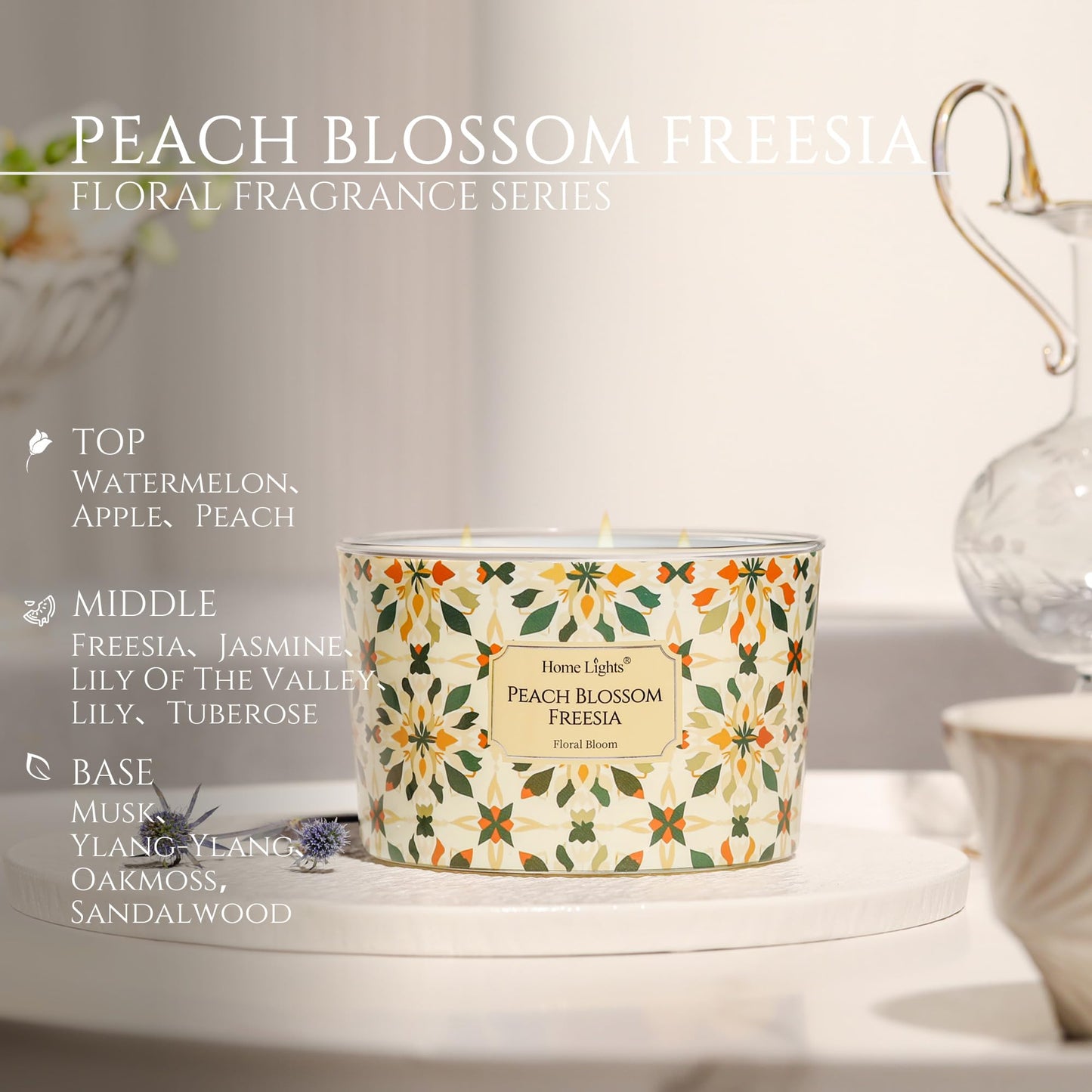 HomeLights 18oz Peach Blossom Freesia Soy Wax Candle | 4-Wick Aromatherapy