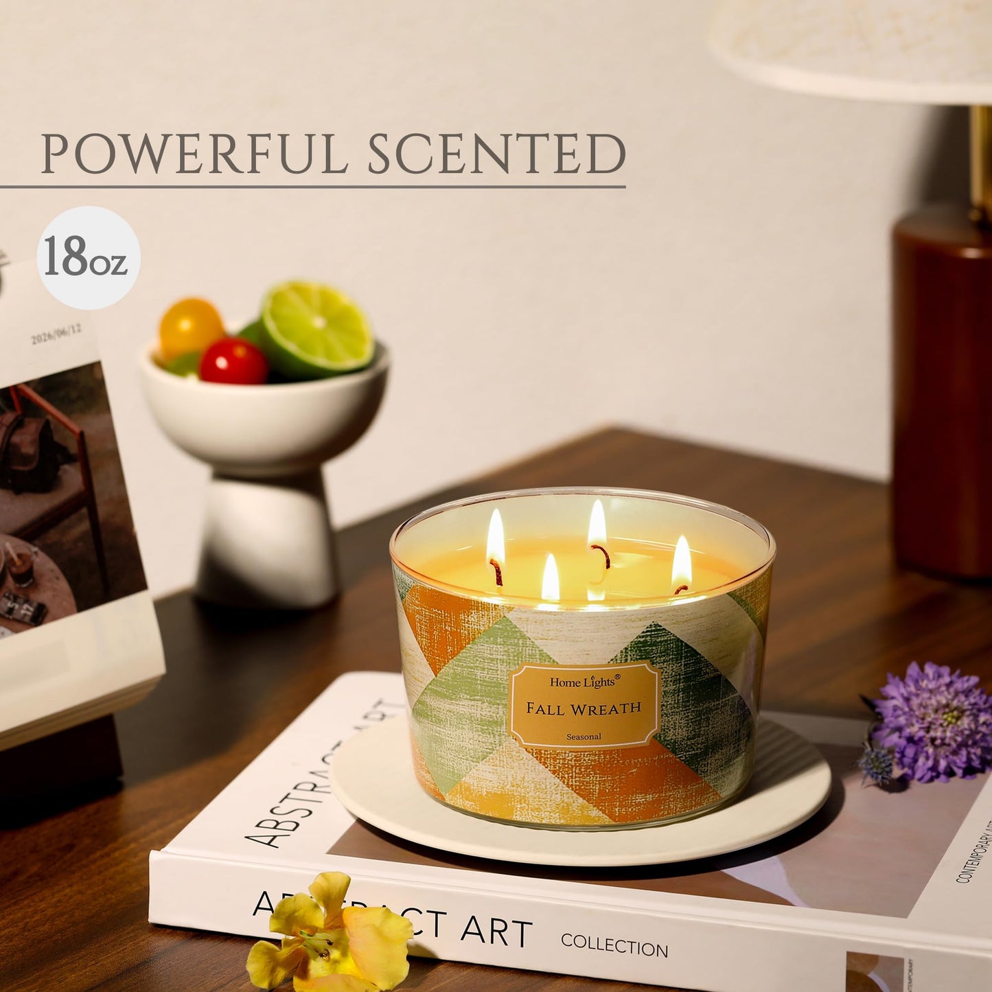 HomeLights 18oz Soy Wax Candles – 4-Wick Fall Wreath Scent, Rustic Modern Aromatherapy