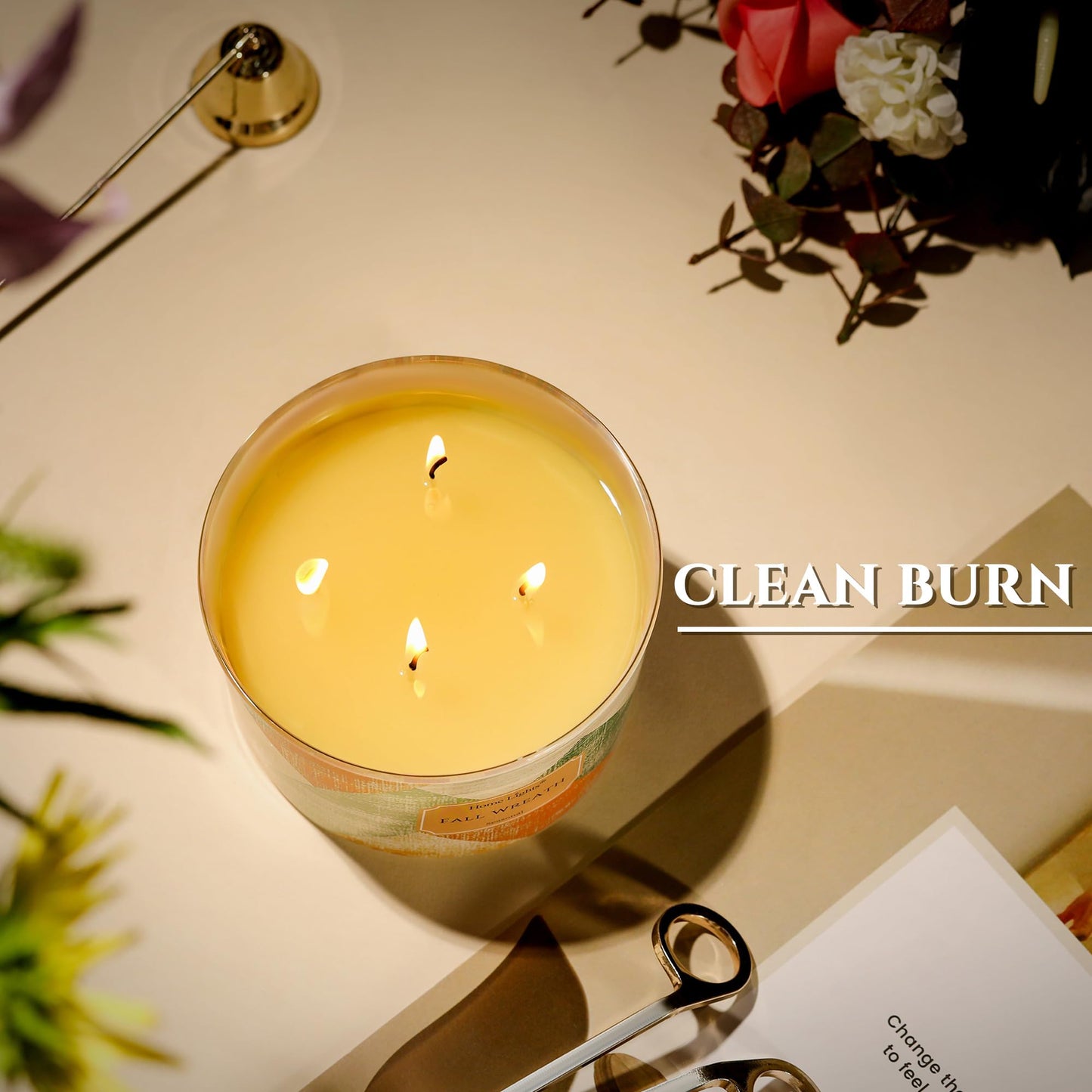 HomeLights 18oz Soy Wax Candles – 4-Wick Fall Wreath Scent, Rustic Modern Aromatherapy