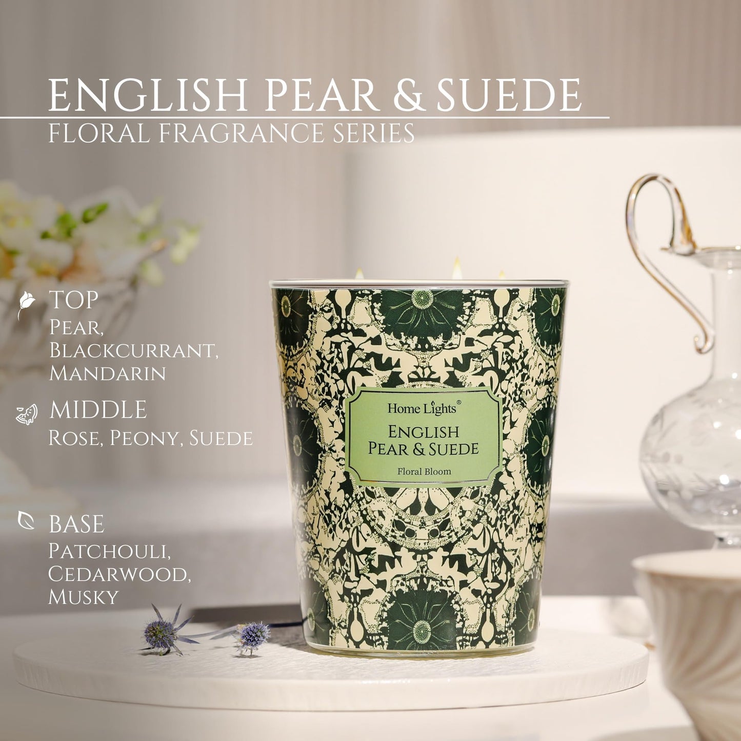 HomeLights 34oz Soy Wax Candles – 3-Wick English Pear & Suede, Aromatherapy Gift
