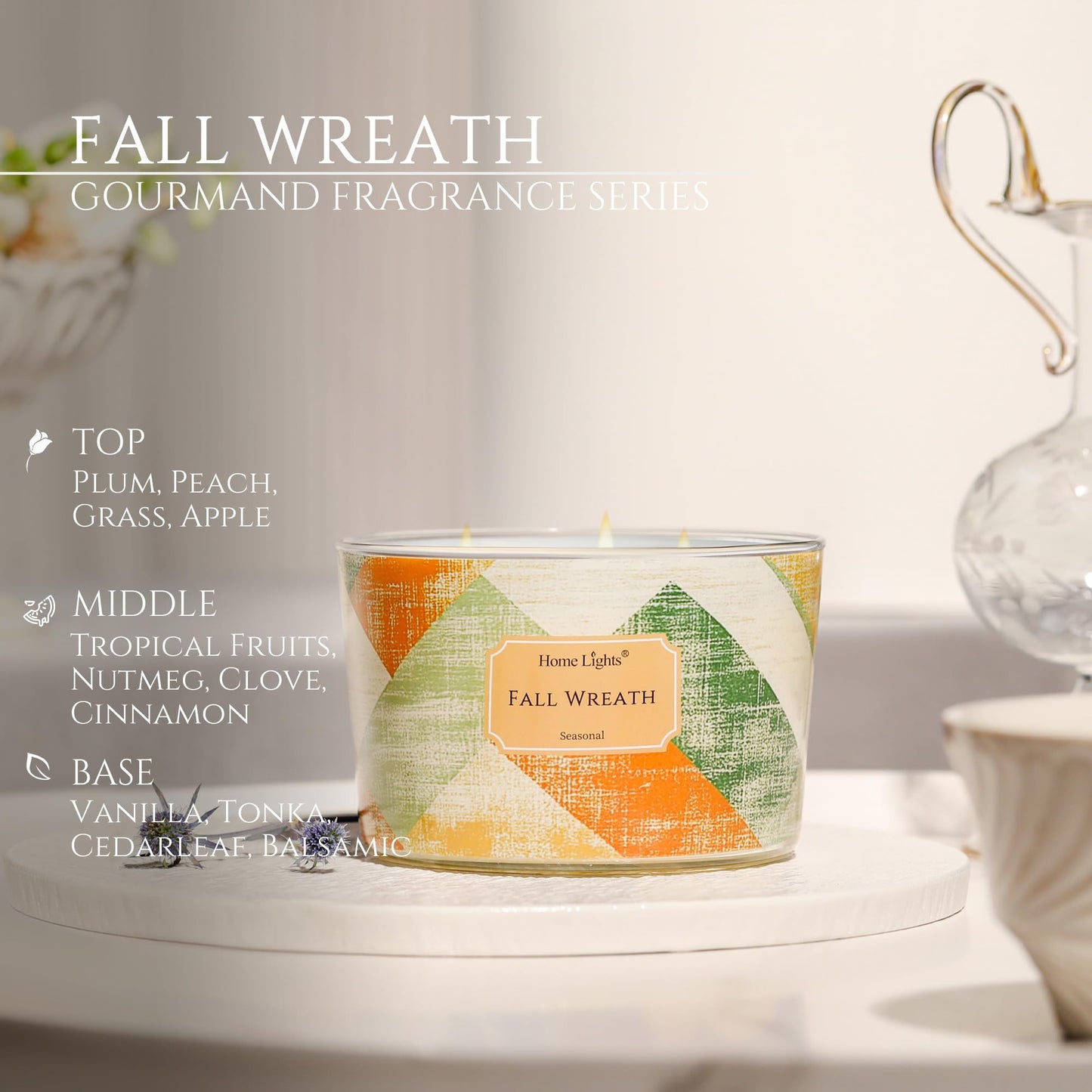 HomeLights 18oz Soy Wax Candles – 4-Wick Fall Wreath Scent, Rustic Modern Aromatherapy