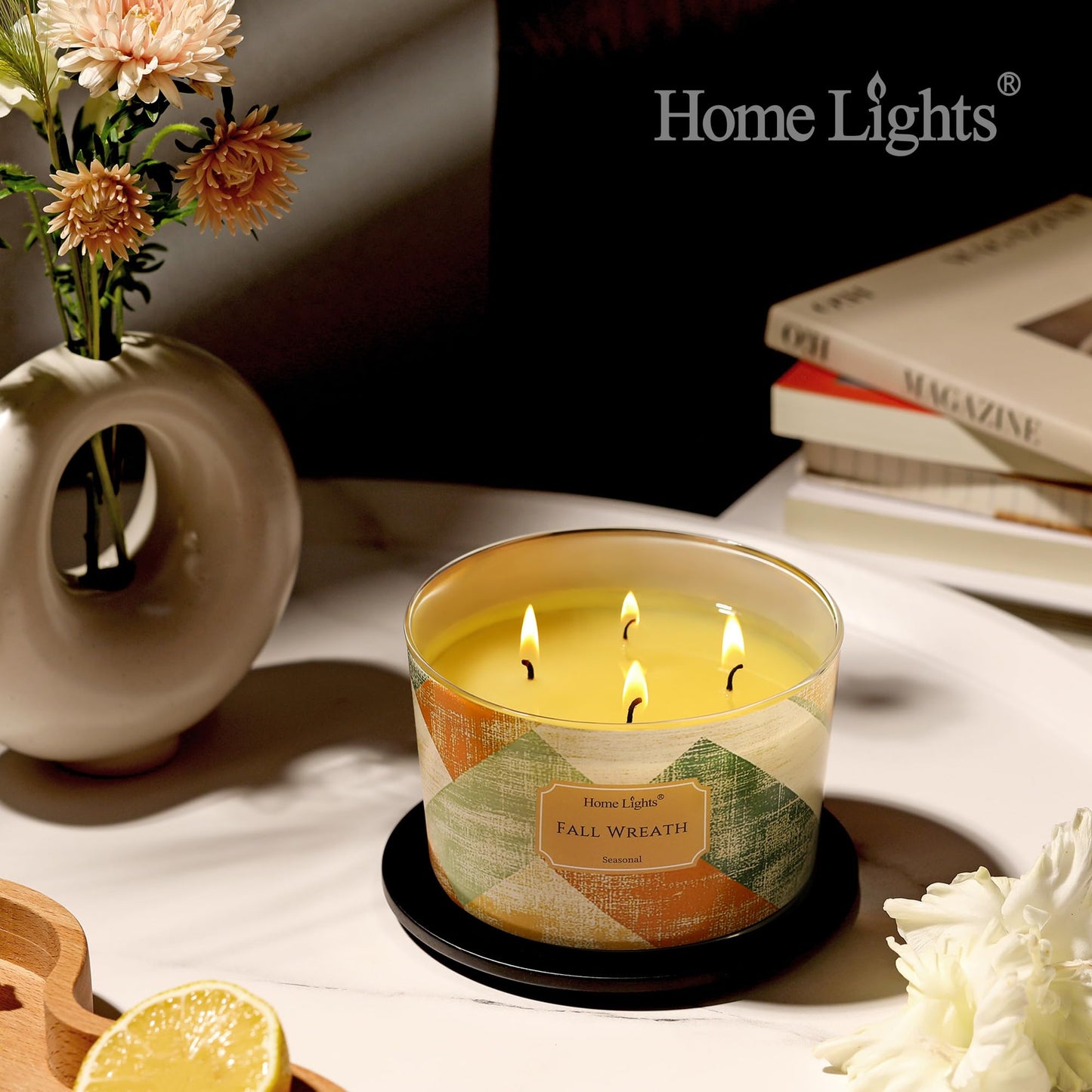 HomeLights 18oz Soy Wax Candles – 4-Wick Fall Wreath Scent, Rustic Modern Aromatherapy