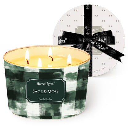 HomeLights Sage & Moss 18oz 4-Wick Scented Candle – Minimalist Design