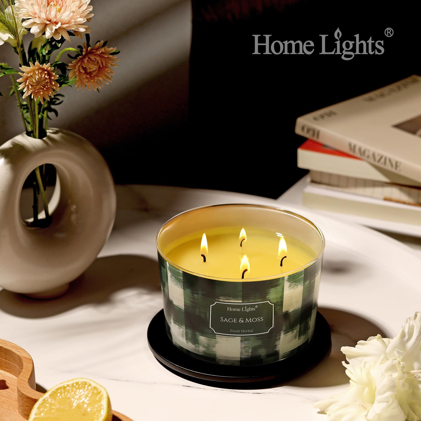 HomeLights Sage & Moss 18oz 4-Wick Scented Candle – Minimalist Design
