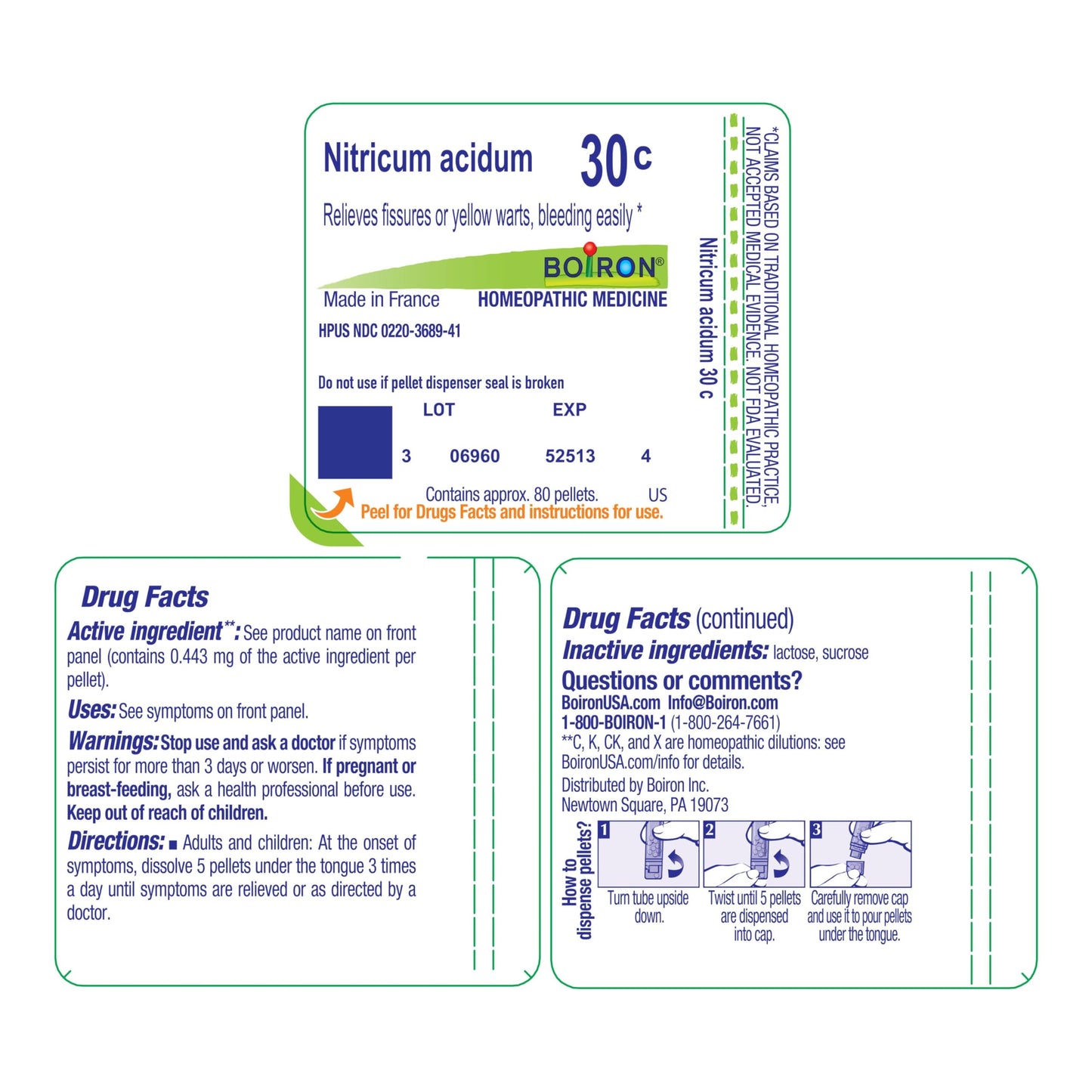 Boiron Nitricum Acidum 30C – Homeopathic Medicine for Fissures & Yellow Warts (Bleeding Easily) – 80 Pellets