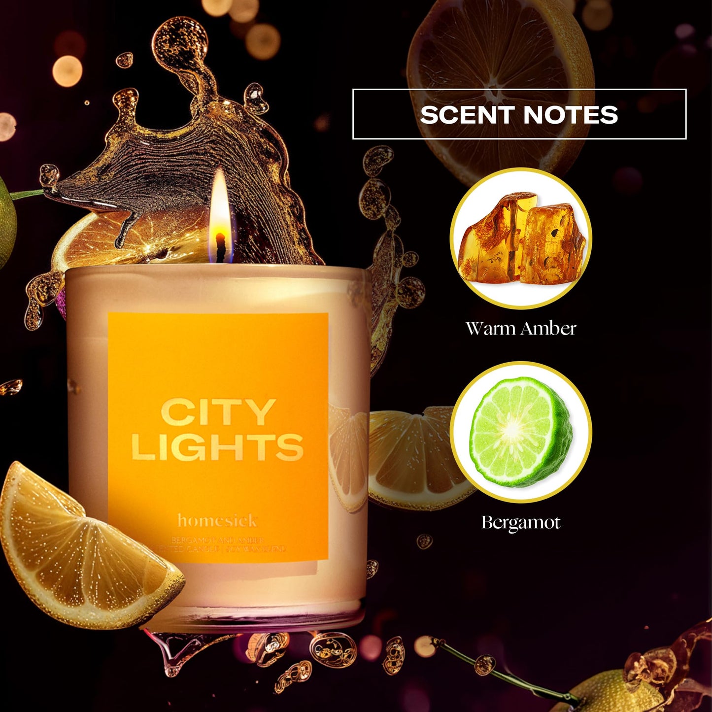 Homesick City Lights 7.5 oz Soy Candle – Amber & Bergamot