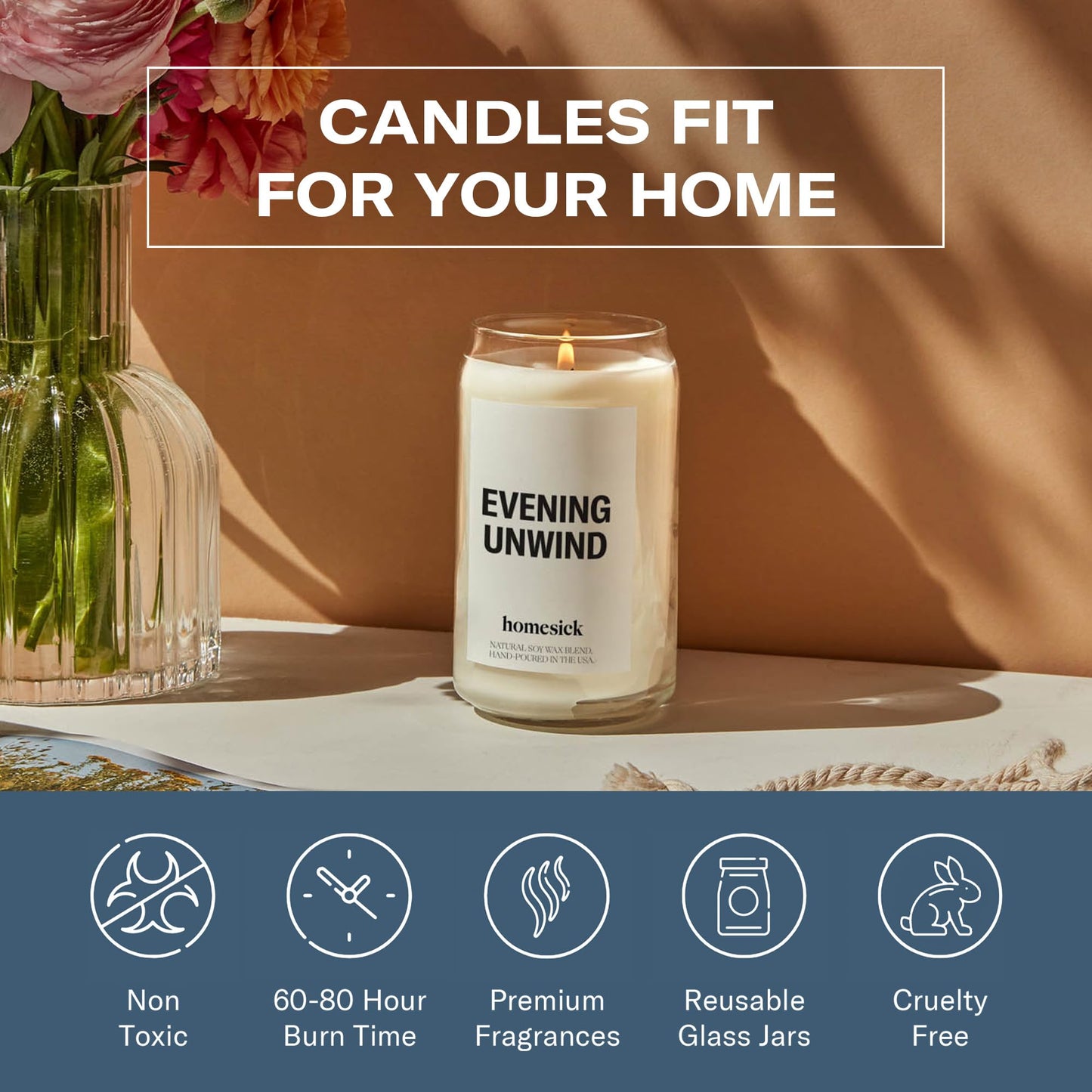 Homesick Evening Unwind Candle – 13.75 oz Soy Wax Blend, 60-80h Burn Time