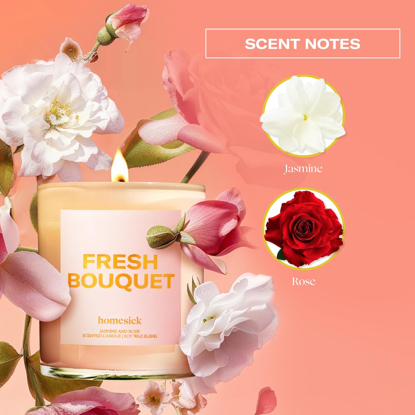 Homesick Fresh Bouquet Candle - 7.5 oz Natural Soy Wax, Jasmine & Rose