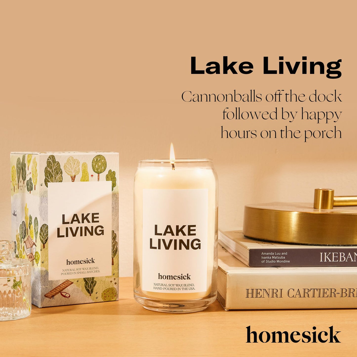 Homesick Lake Living Scented Candle – 13.75 oz Soy Wax, 60-80 Hours Burn Time, Notes of Mineral Springs, Water Lotus & Pine