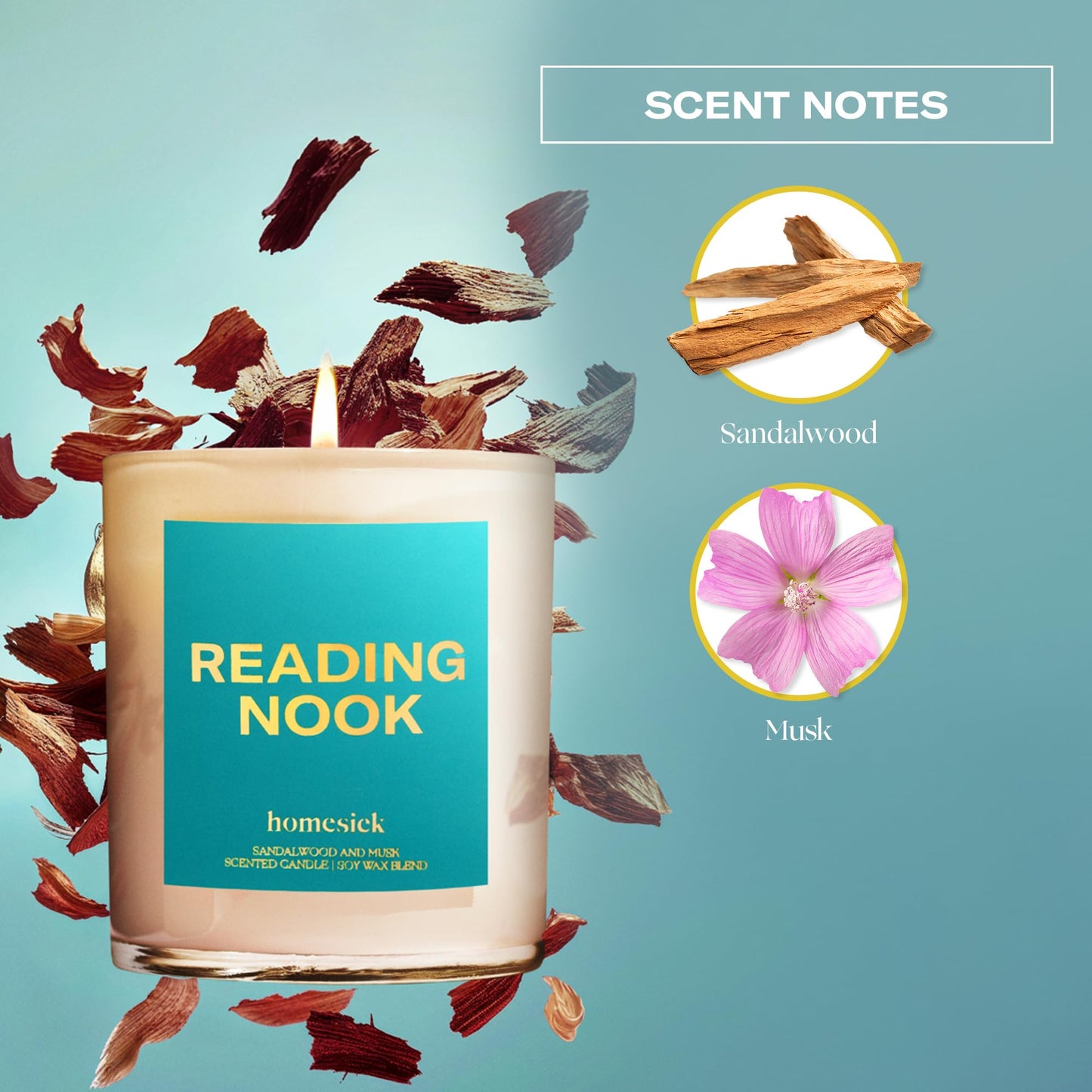 Homesick Reading Nook Candle – 7.5 oz, Sandalwood & Musk, Long-Lasting Soy Wax