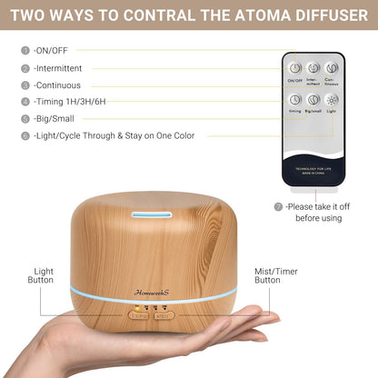 Homeweeks 300ml Essential Oil Diffuser – Quiet Ultrasonic Mist, Remote, 7-Color Light, Wood Grain