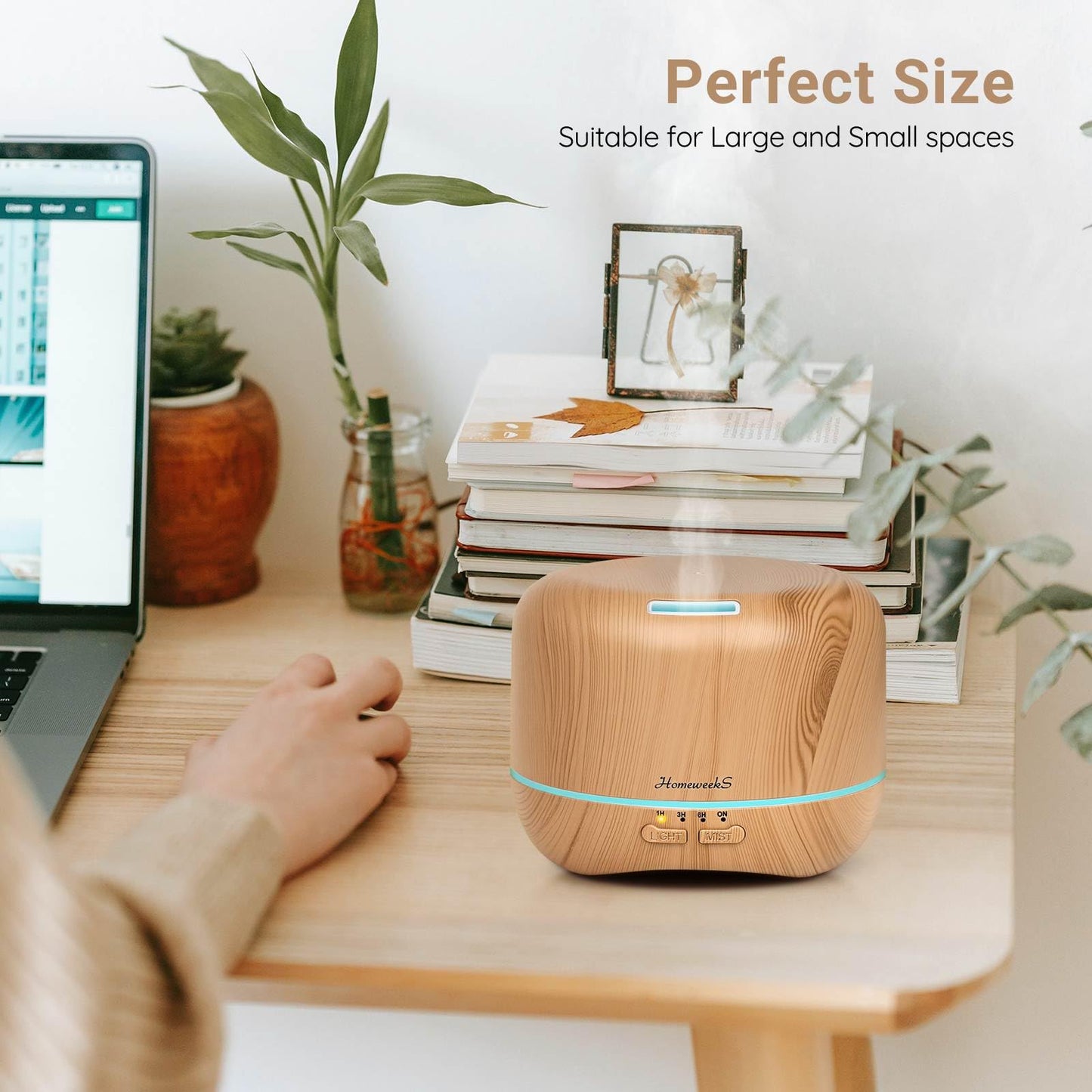 Homeweeks 300ml Essential Oil Diffuser – Quiet Ultrasonic Mist, Remote, 7-Color Light, Wood Grain