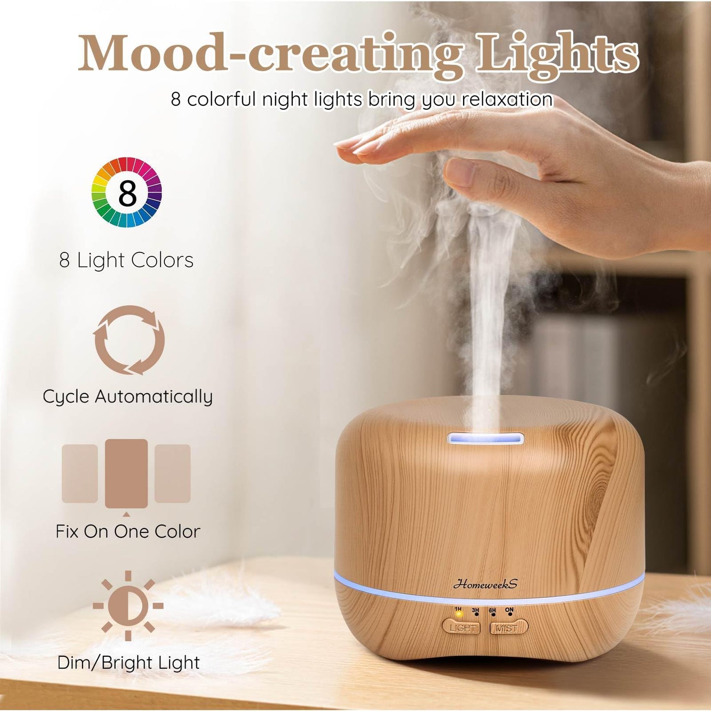 Homeweeks 300ml Essential Oil Diffuser – Quiet Ultrasonic Mist, Remote, 7-Color Light, Wood Grain