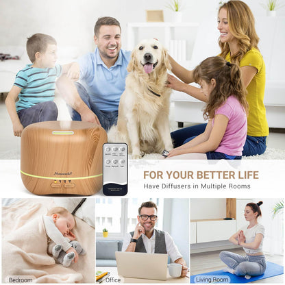 Homeweeks 300ml Essential Oil Diffuser – Quiet Ultrasonic Mist, Remote, 7-Color Light, Wood Grain