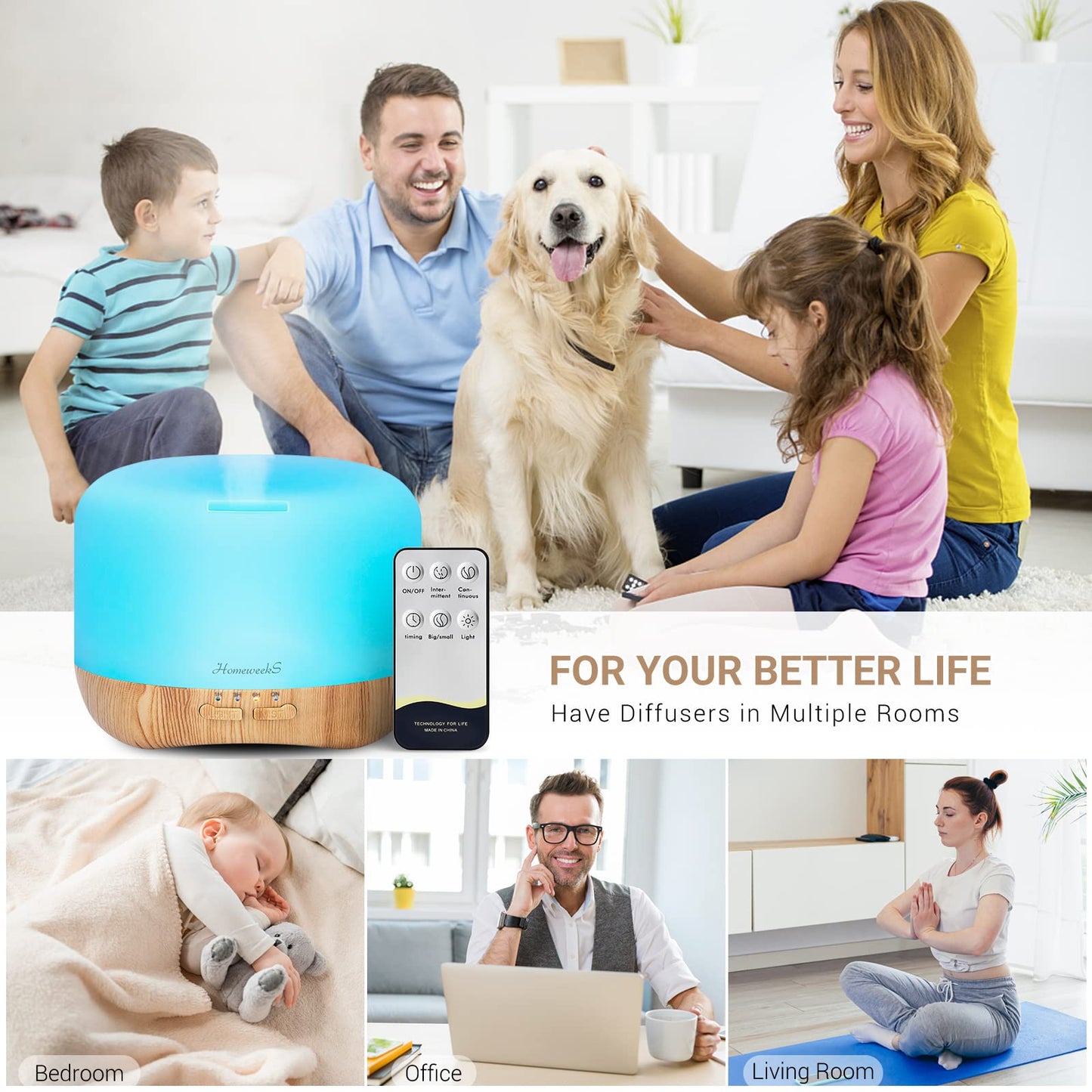Homeweeks 300ml Essential Oil Diffuser – Quiet Ultrasonic Aromatherapy Night Light