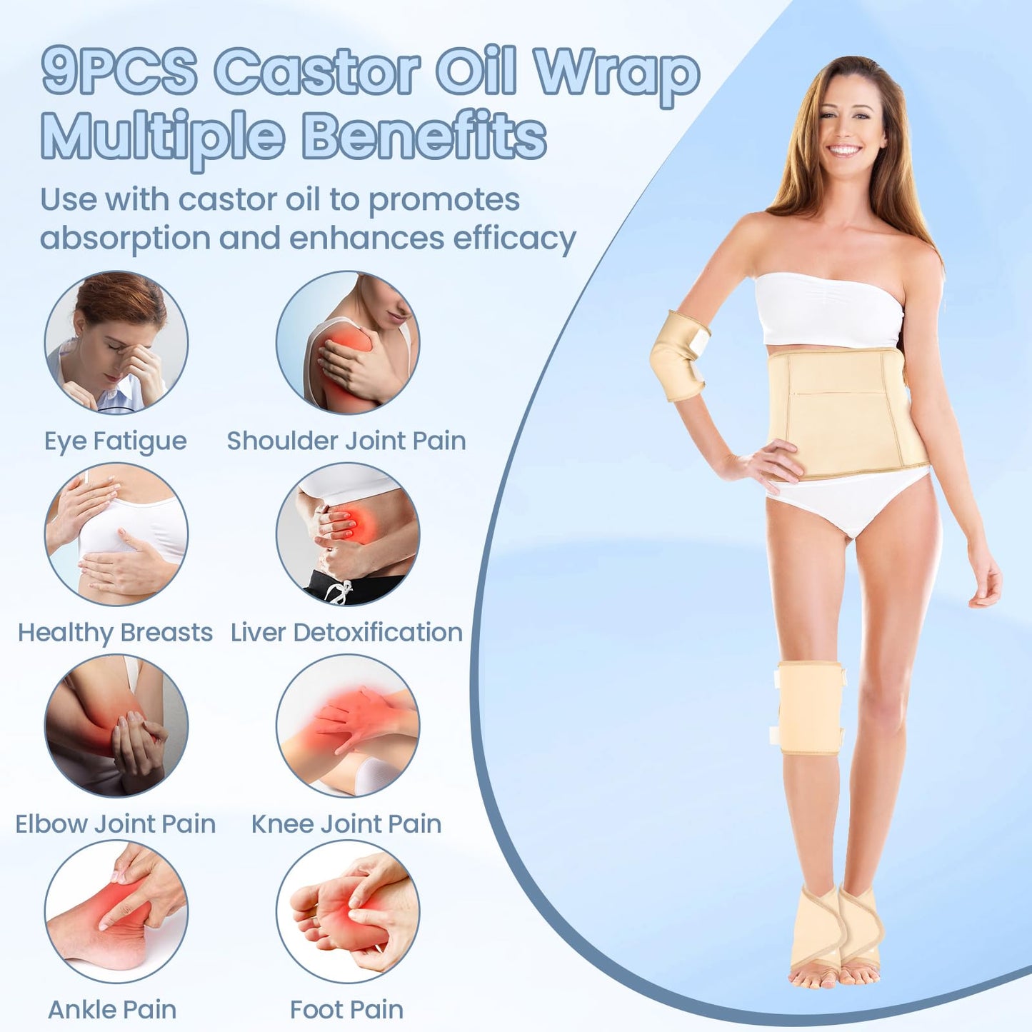 HOMHOW 9 Pcs Castor Oil Pack Wrap Set | Reusable Organic Castor Oil Packs for Eyes, Shoulders, Chest, Stomach, Knees & Feet