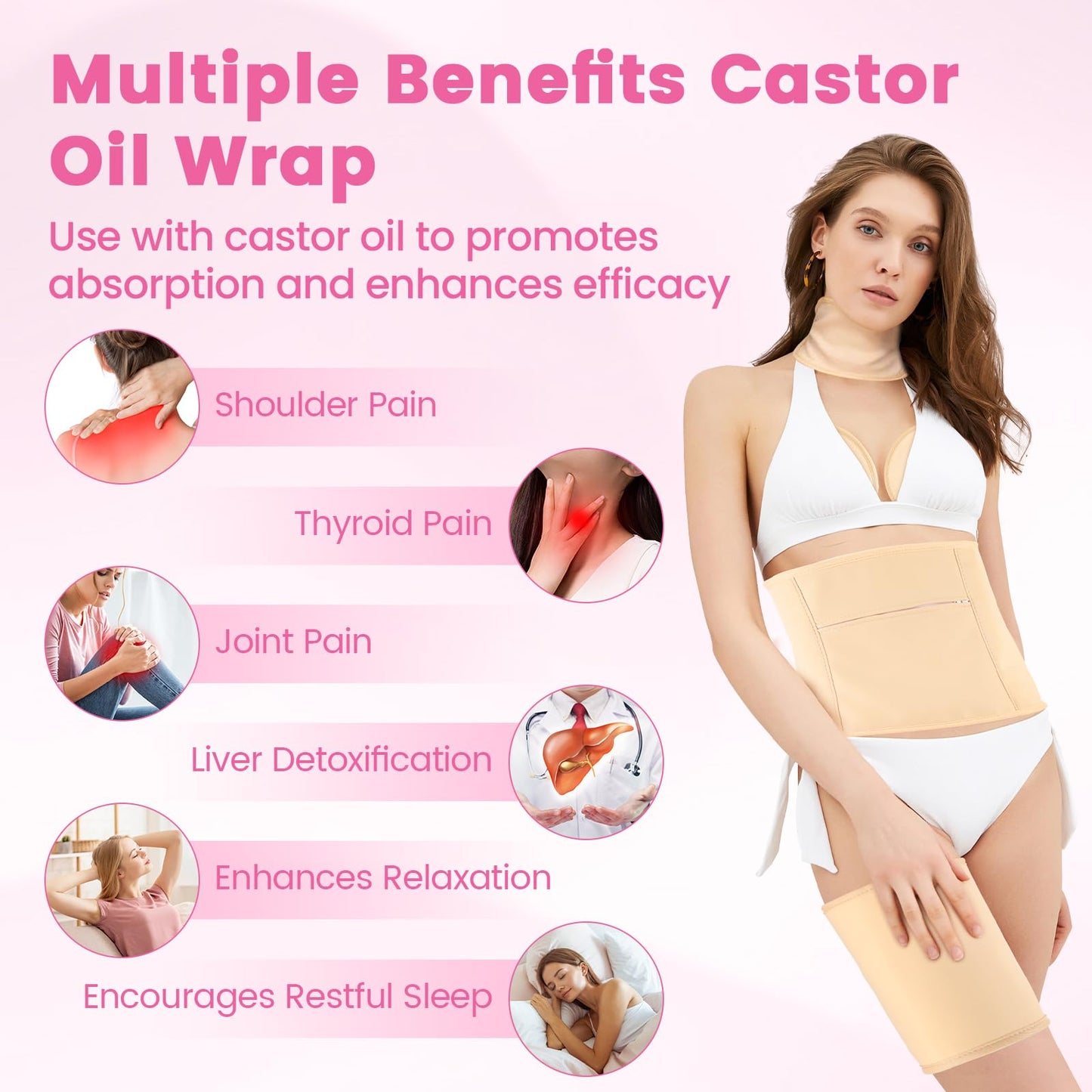 HOMHOW 7 Pcs Castor Oil Pack Wraps – Reusable Organic Castor Oil Packs (Waist, Neck, Chest, Arms, Knees)