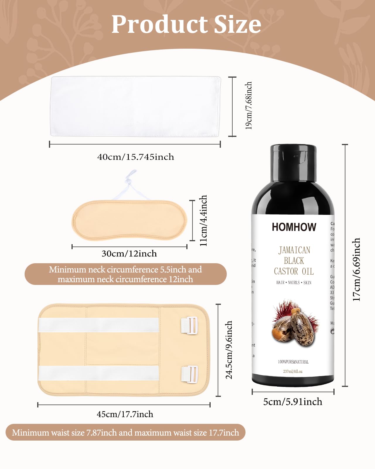 HOMHOW Castor Oil Pack Wrap – Organic Jamaican Black Castor Oil (8oz) – Reusable Stomach, Neck & Body Pack