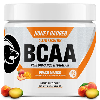 Honey Badger BCAA + EAA Amino Acids Powder – Vegan, Sugar Free, Keto | Peach Mango, 30 Servings
