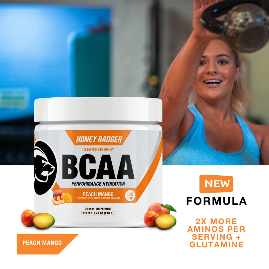 Honey Badger BCAA + EAA Amino Acids Powder – Vegan, Sugar Free, Keto | Peach Mango, 30 Servings