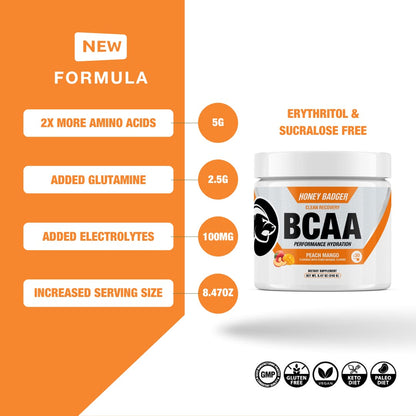 Honey Badger BCAA + EAA Amino Acids Powder – Vegan, Sugar Free, Keto | Peach Mango, 30 Servings