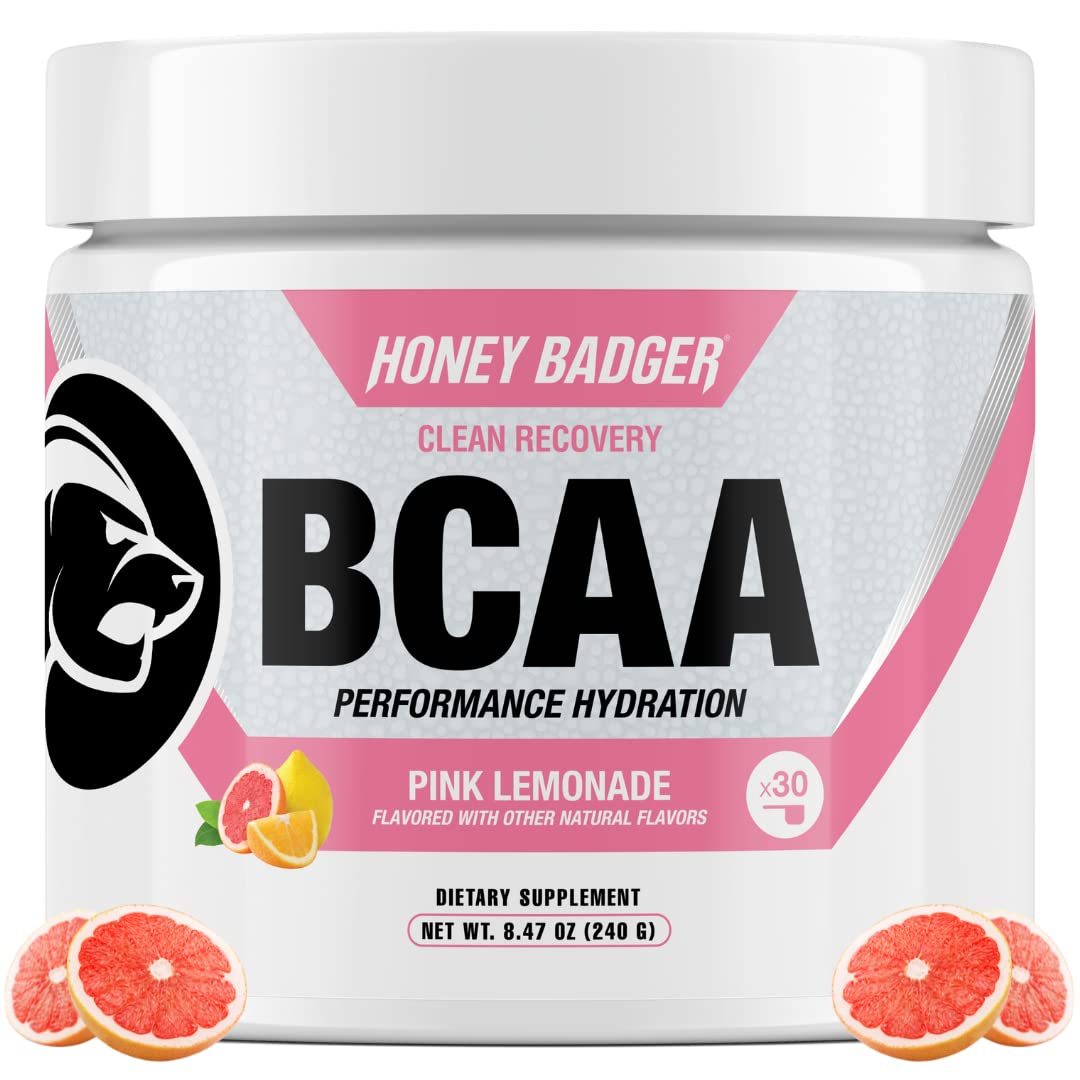 Honey Badger BCAA + EAA Powder – Pink Lemonade, 30 Servings | Vegan & Sugar Free